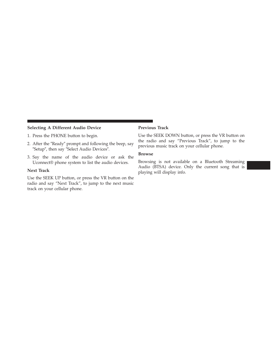 Selecting a different audio device, Next track, Previous track | Browse | Chrysler 2013 200 - Owner Manual User Manual | Page 275 / 517