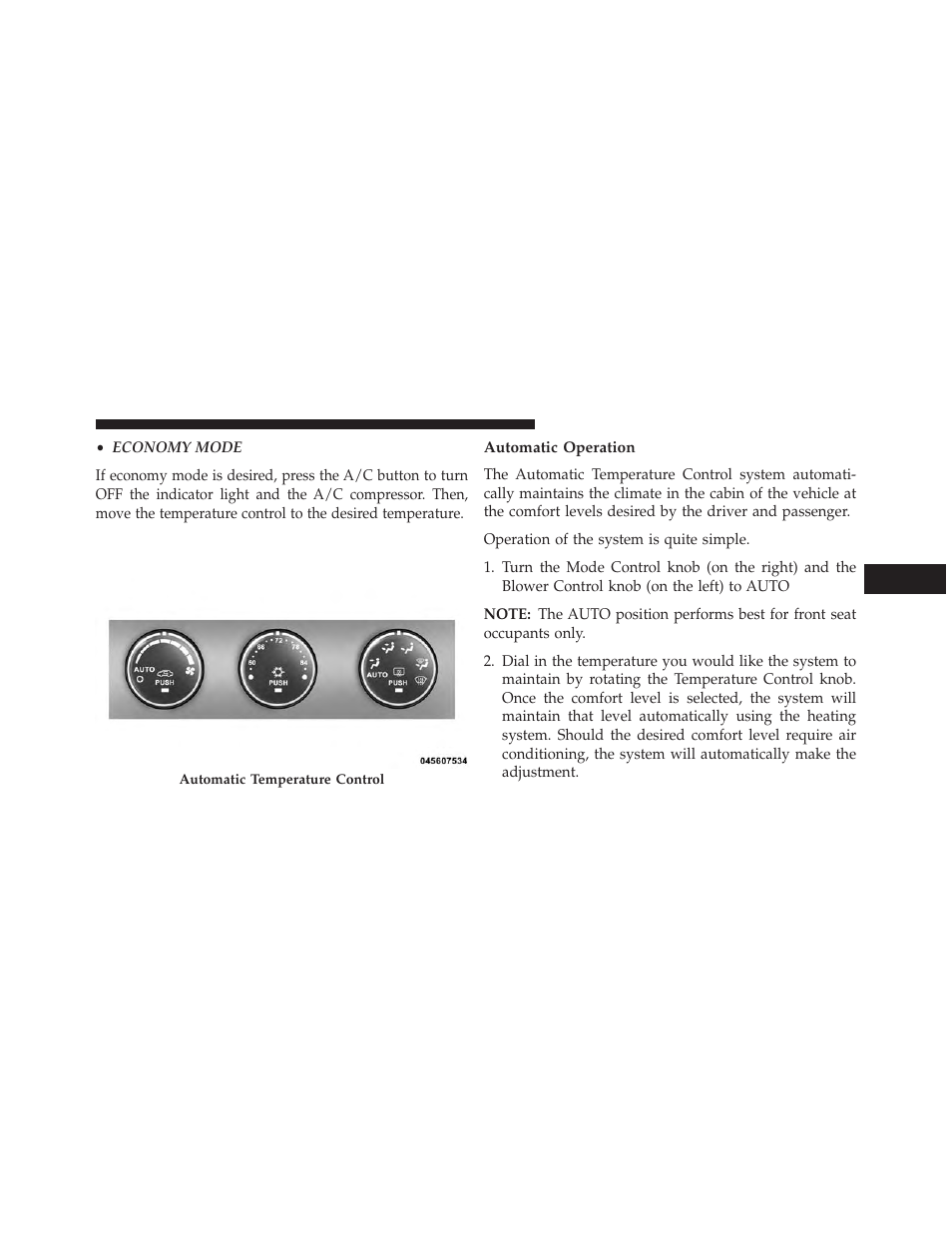 Automatic temperature control (atc) — if equipped, Automatic operation, Automatic temperature control (atc) — if | Equipped | Chrysler 2013 200 - Owner Manual User Manual | Page 283 / 517