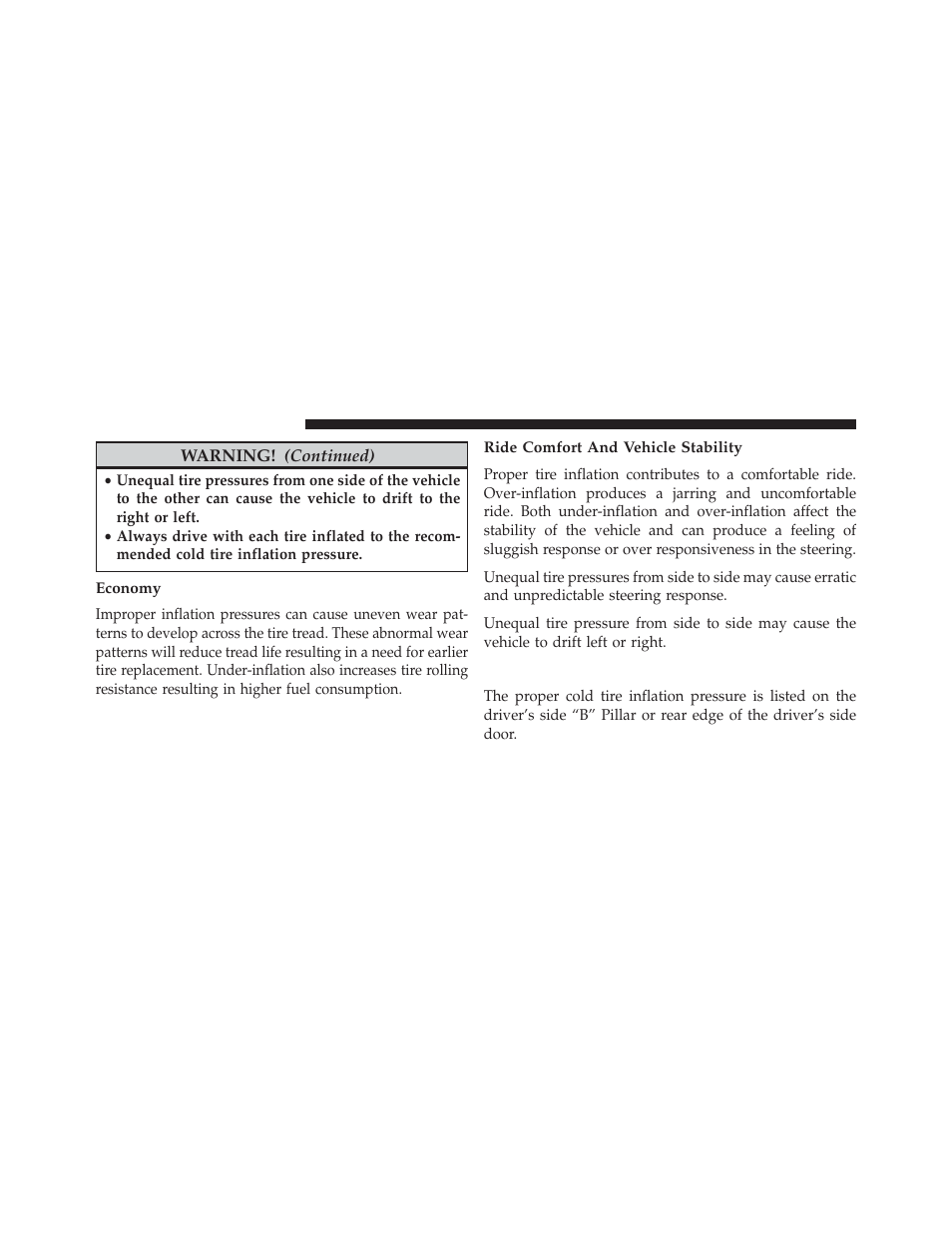 Economy, Ride comfort and vehicle stability, Tire inflation pressures | Chrysler 2013 200 - Owner Manual User Manual | Page 350 / 517