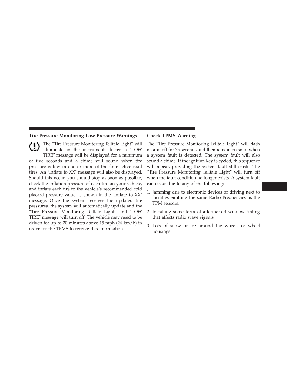 Tire pressure monitoring low pressure warnings, Check tpms warning | Chrysler 2013 200 - Owner Manual User Manual | Page 365 / 517