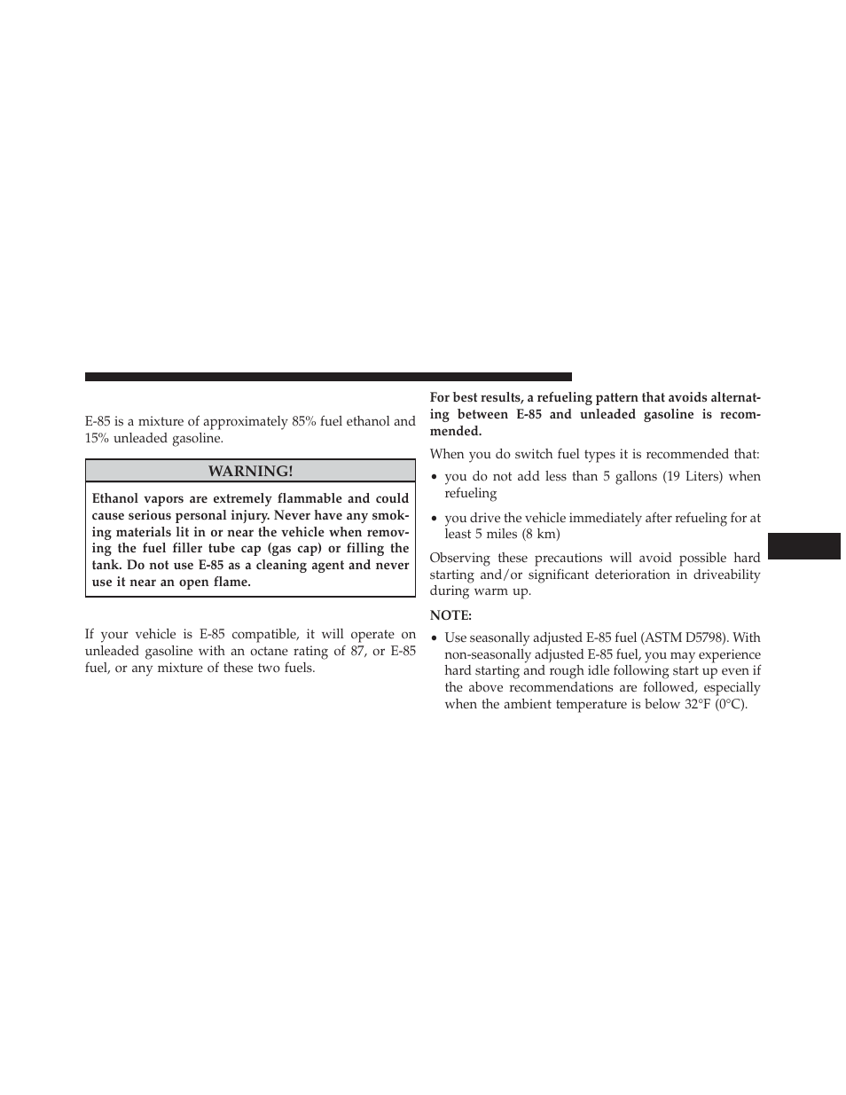 Ethanol fuel (e-85), Fuel requirements | Chrysler 2013 200 - Owner Manual User Manual | Page 377 / 517