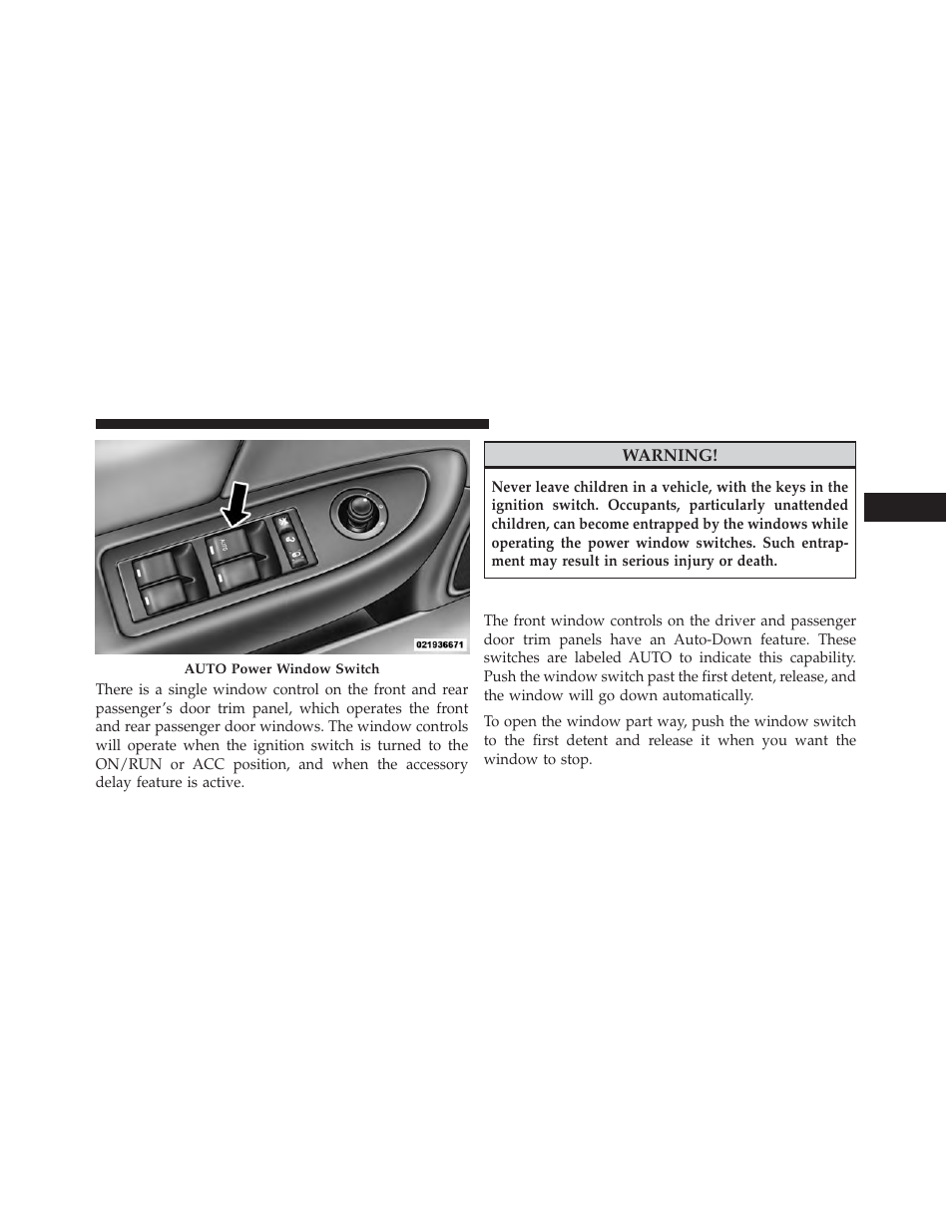 Auto window down — if equipped | Chrysler 2013 200 - Owner Manual User Manual | Page 39 / 517