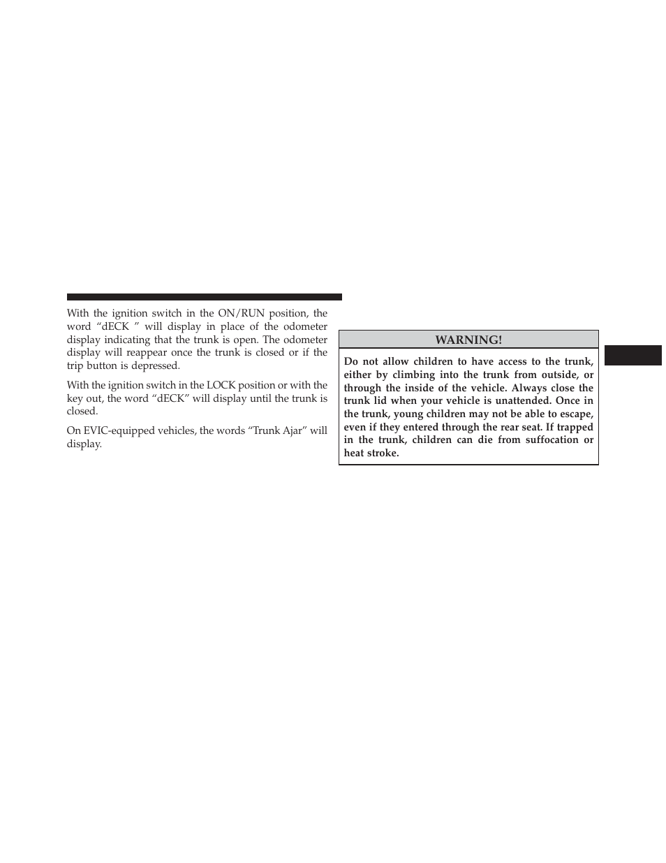 Trunk safety warning | Chrysler 2013 200 - Owner Manual User Manual | Page 43 / 517