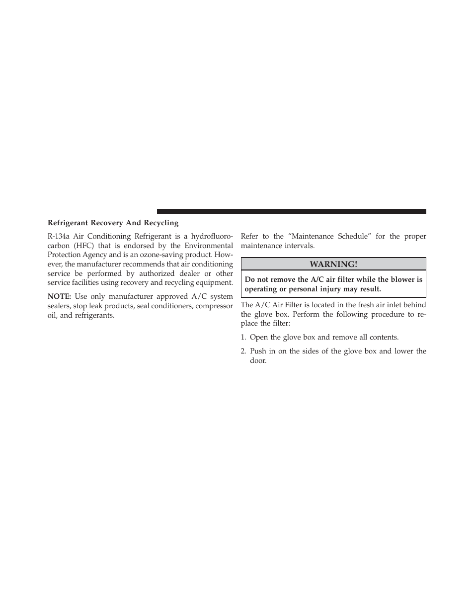Refrigerant recovery and recycling, A/c air filter – if equipped | Chrysler 2013 200 - Owner Manual User Manual | Page 438 / 517