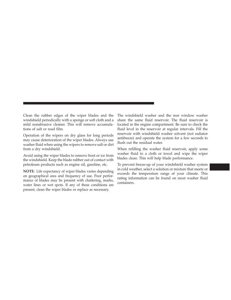 Windshield wiper blades, Adding washer fluid | Chrysler 2013 200 - Owner Manual User Manual | Page 441 / 517