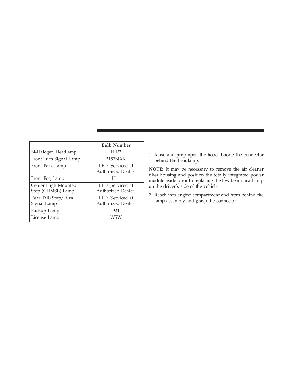 Bulb replacement, Headlamp | Chrysler 2013 200 - Owner Manual User Manual | Page 468 / 517