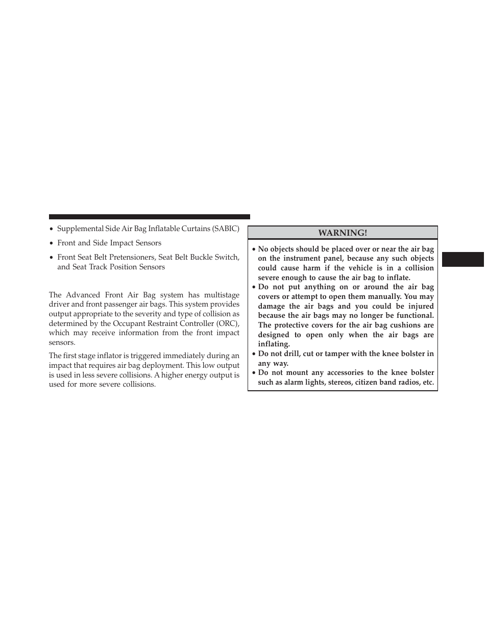 Advanced front air bag features | Chrysler 2013 200 - Owner Manual User Manual | Page 65 / 517