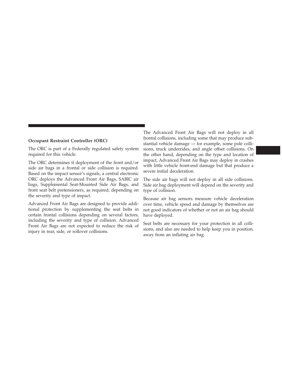 Air bag deployment sensors and controls, Occupant restraint controller (orc) | Chrysler 2013 200 - Owner Manual User Manual | Page 69 / 517