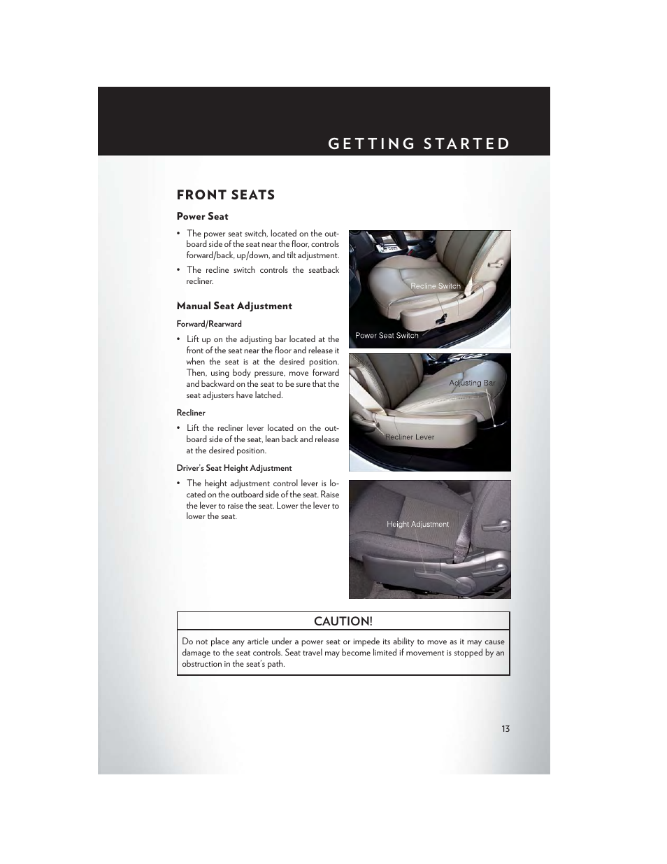 Front seats, Power seat, Manual seat adjustment | Chrysler 2013 200 - User Guide User Manual | Page 15 / 108