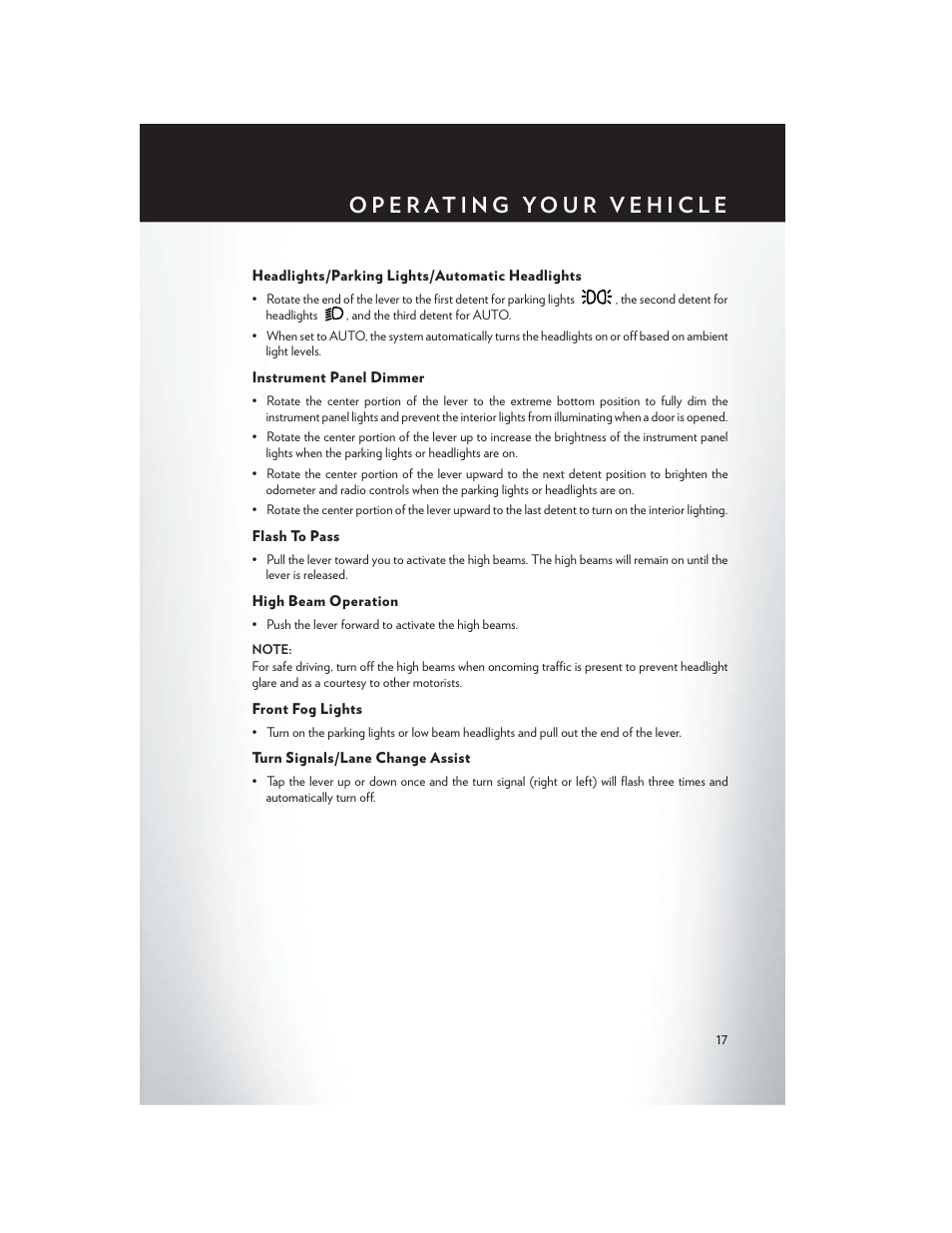 Headlights/parking lights/automatic headlights, Instrument panel dimmer, Flash to pass | High beam operation, Front fog lights, Turn signals/lane change assist | Chrysler 2013 200 - User Guide User Manual | Page 19 / 108