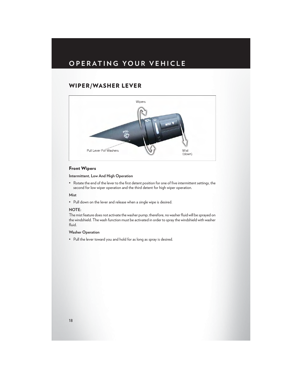 Wiper/washer lever, Front wipers | Chrysler 2013 200 - User Guide User Manual | Page 20 / 108