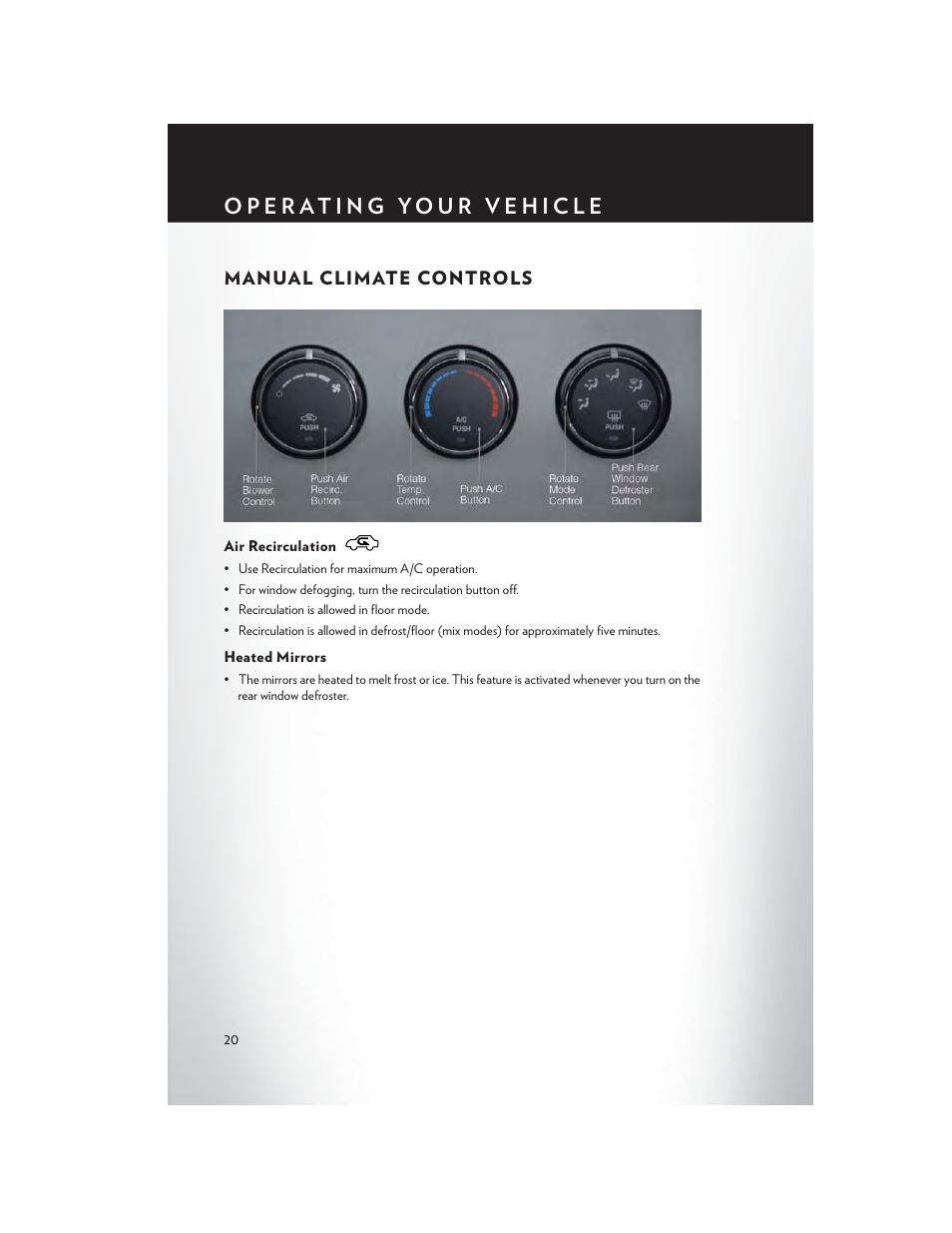 Manual climate controls, Air recirculation, Heated mirrors | Chrysler 2013 200 - User Guide User Manual | Page 22 / 108