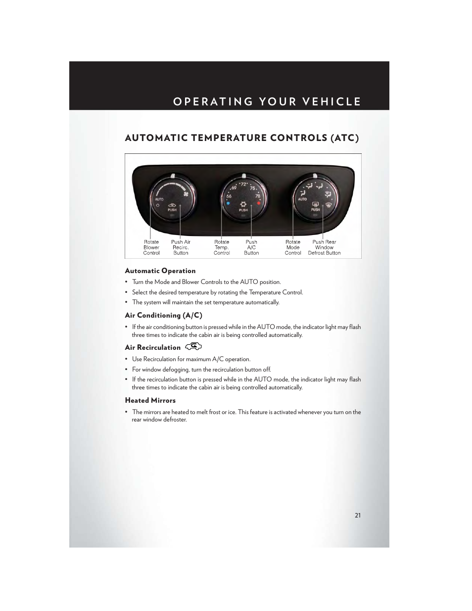 Automatic temperature controls (atc), Automatic operation, Air conditioning (a/c) | Air recirculation, Heated mirrors, Automatic temperature controls (atc ) | Chrysler 2013 200 - User Guide User Manual | Page 23 / 108