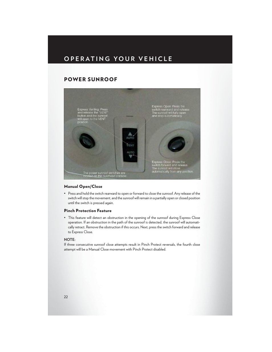 Power sunroof, Manual open/close, Pinch protection feature | Chrysler 2013 200 - User Guide User Manual | Page 24 / 108