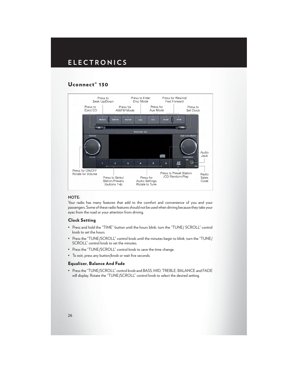 Uconnect® 130, Clock setting, Equalizer, balance and fade | Chrysler 2013 200 - User Guide User Manual | Page 28 / 108