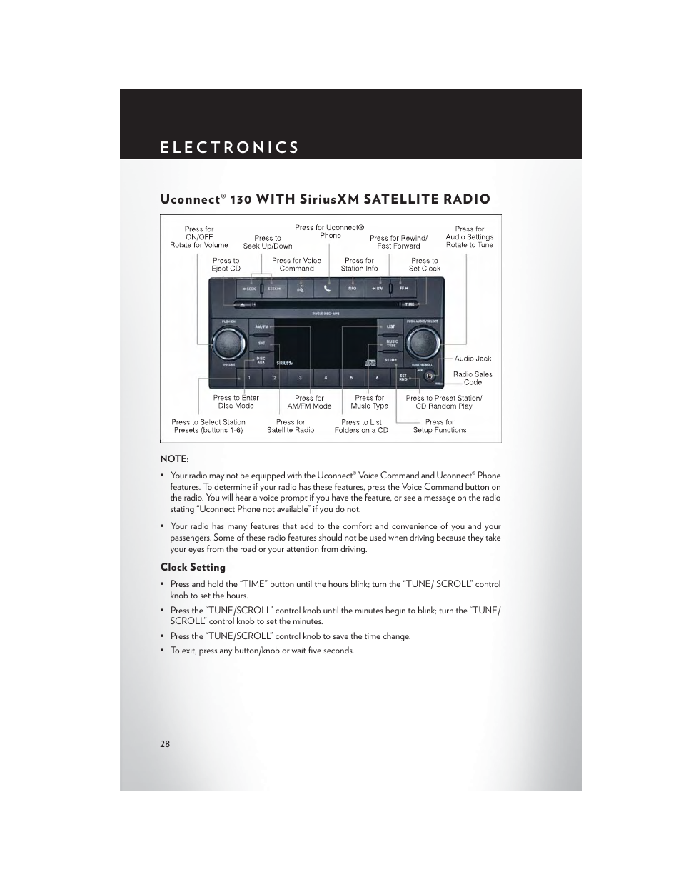 Uconnect® 130 with siriusxm satellite radio, Clock setting | Chrysler 2013 200 - User Guide User Manual | Page 30 / 108