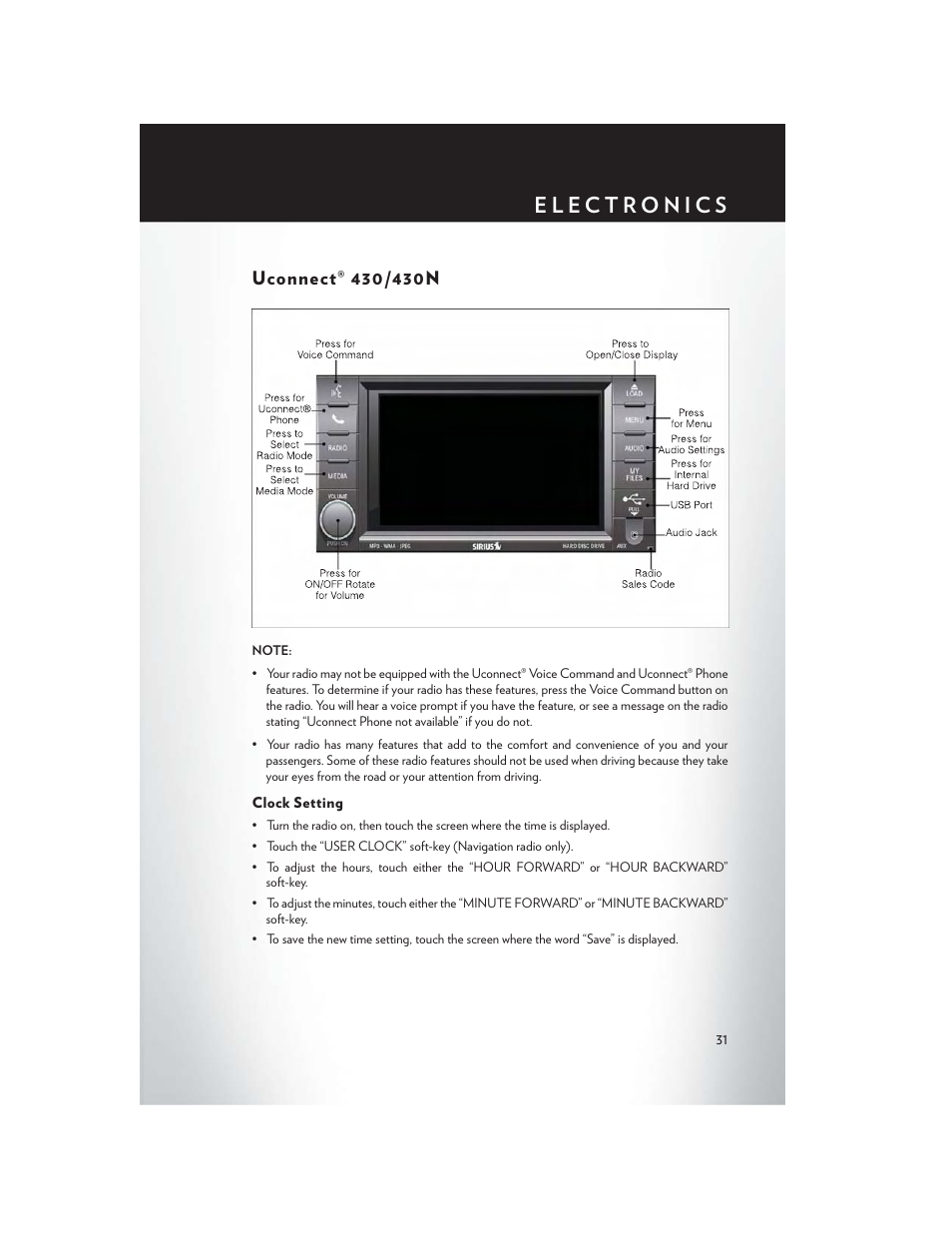 Uconnect® 430/430n, Clock setting | Chrysler 2013 200 - User Guide User Manual | Page 33 / 108