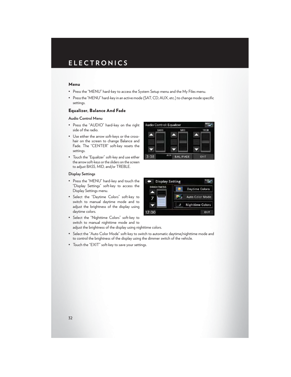 Menu, Equalizer, balance and fade | Chrysler 2013 200 - User Guide User Manual | Page 34 / 108