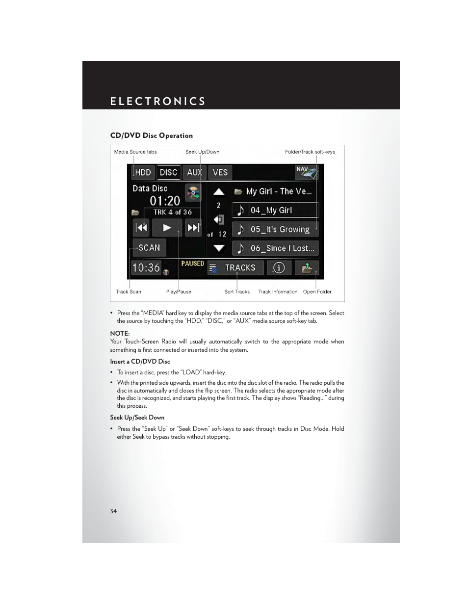 Cd/dvd disc operation | Chrysler 2013 200 - User Guide User Manual | Page 36 / 108