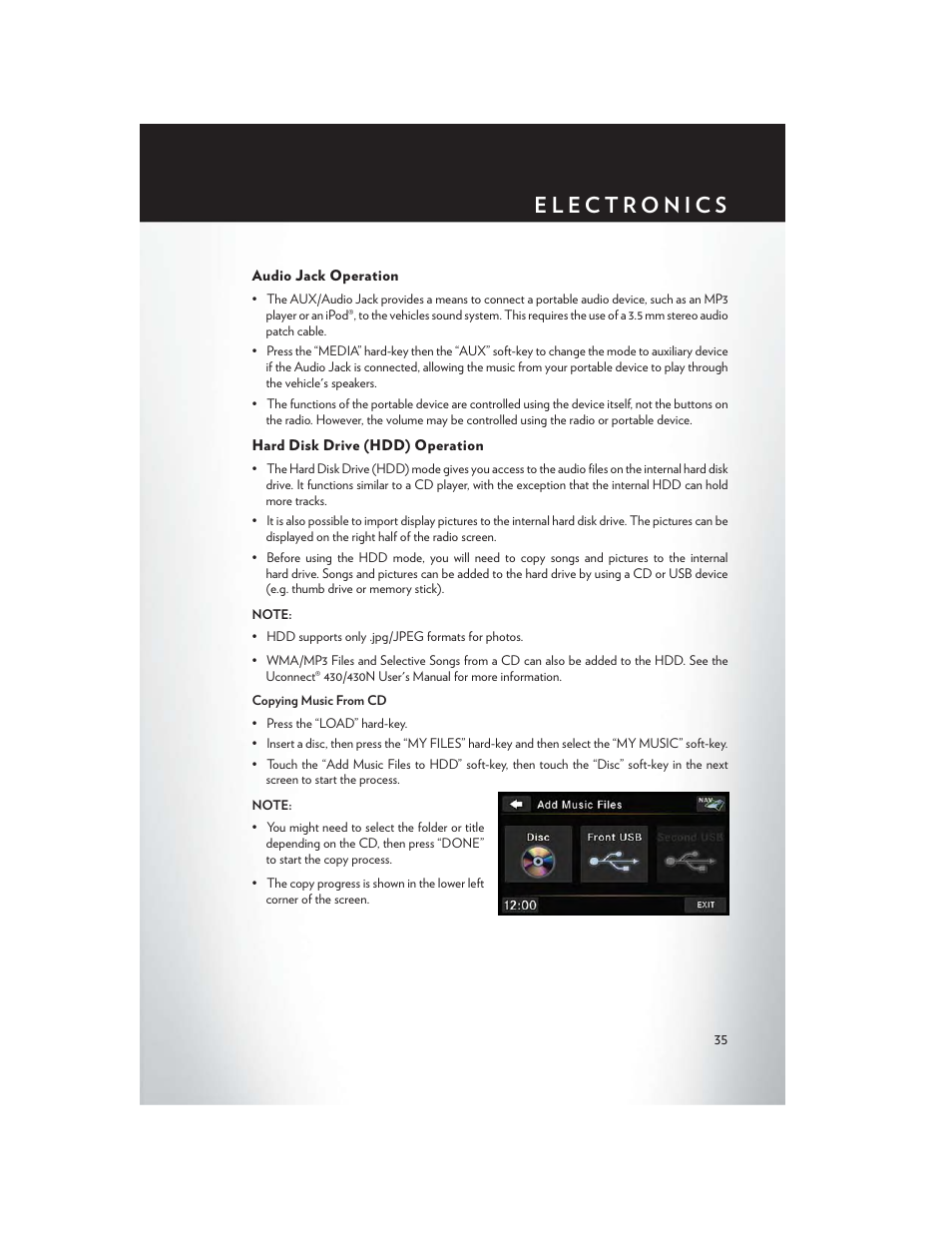 Audio jack operation, Hard disk drive (hdd) operation | Chrysler 2013 200 - User Guide User Manual | Page 37 / 108