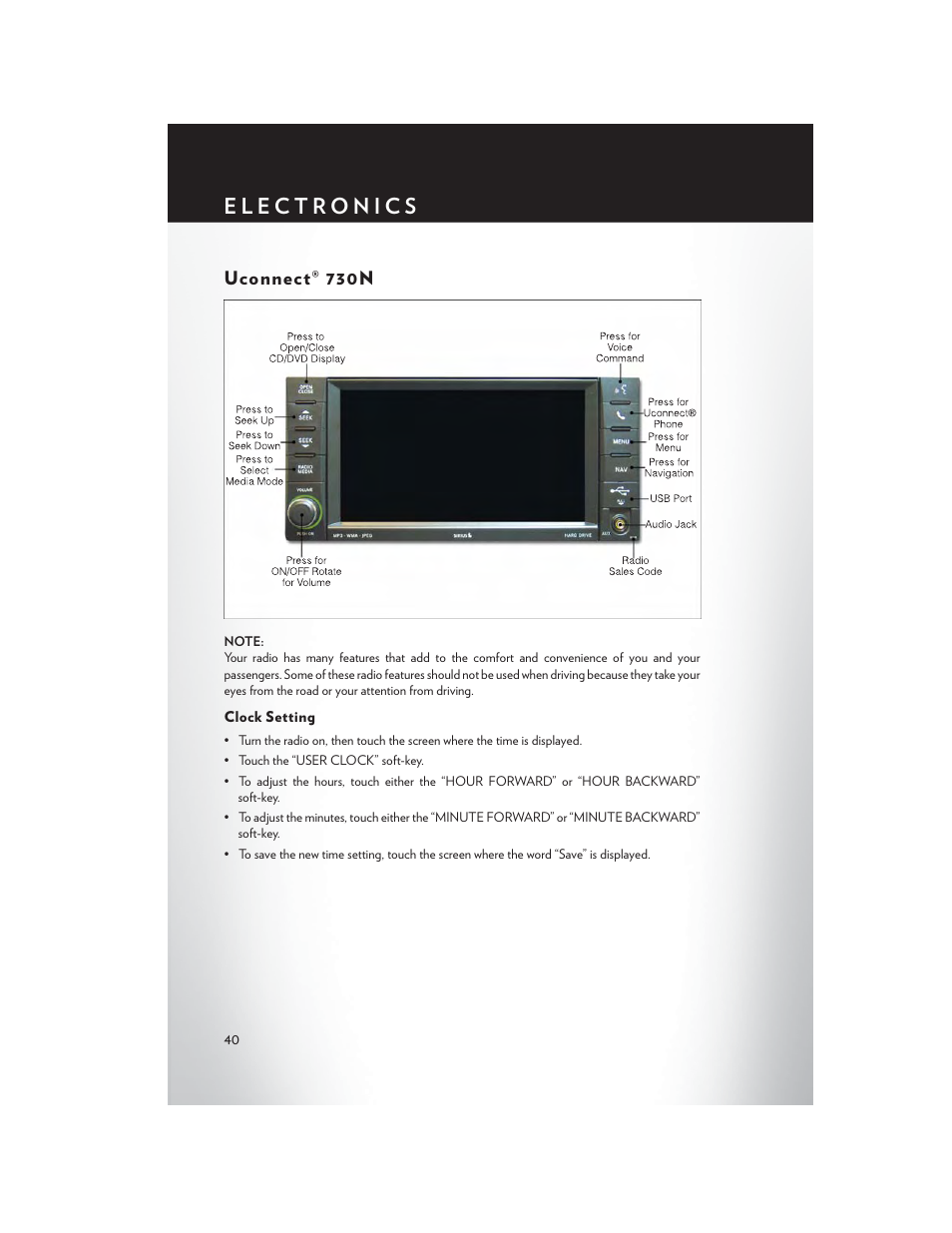 Uconnect® 730n, Clock setting | Chrysler 2013 200 - User Guide User Manual | Page 42 / 108