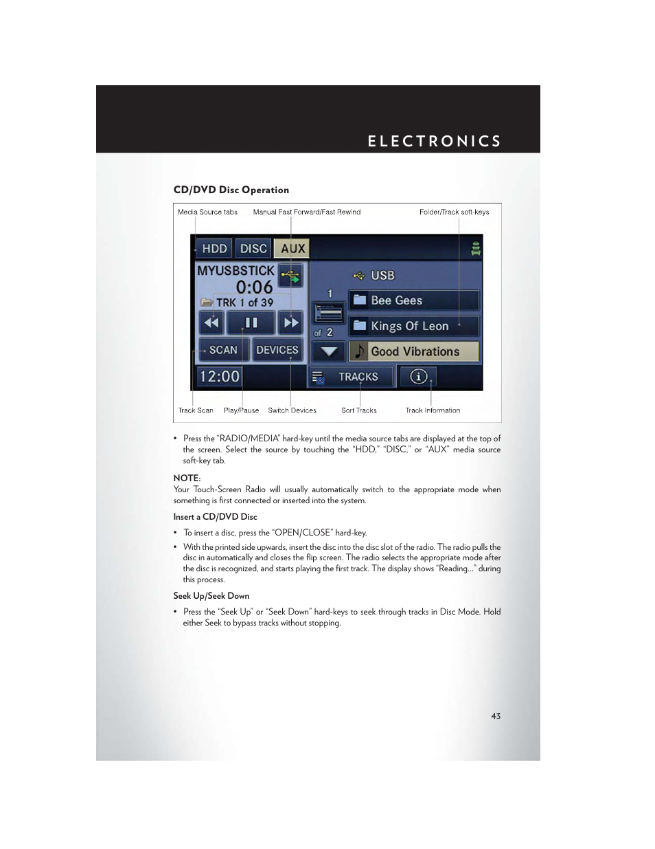 Cd/dvd disc operation | Chrysler 2013 200 - User Guide User Manual | Page 45 / 108