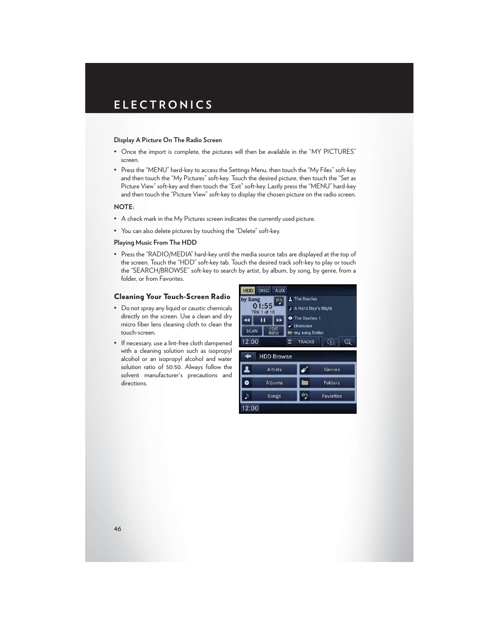 Cleaning your touch-screen radio | Chrysler 2013 200 - User Guide User Manual | Page 48 / 108