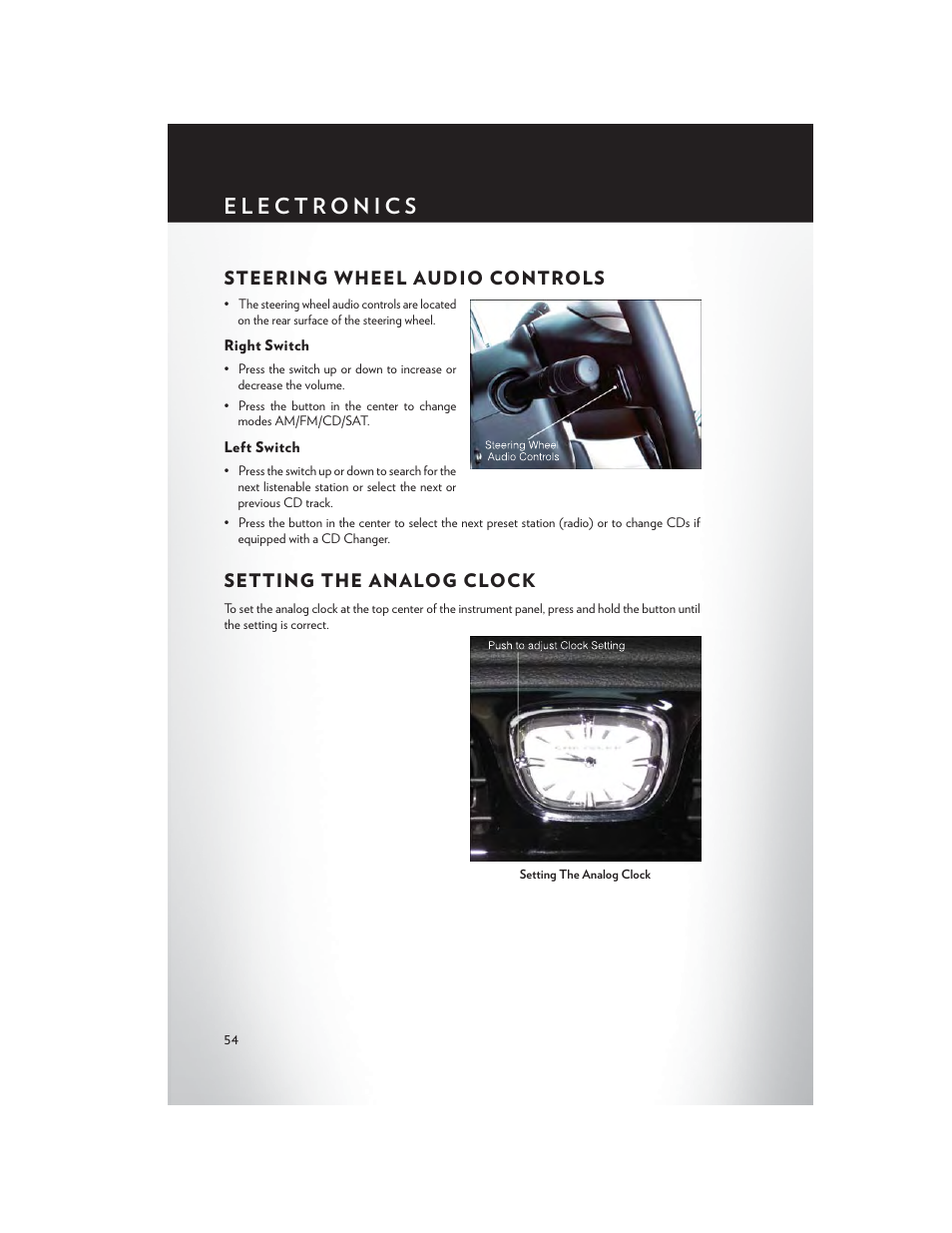 Steering wheel audio controls, Right switch, Left switch | Setting the analog clock | Chrysler 2013 200 - User Guide User Manual | Page 56 / 108