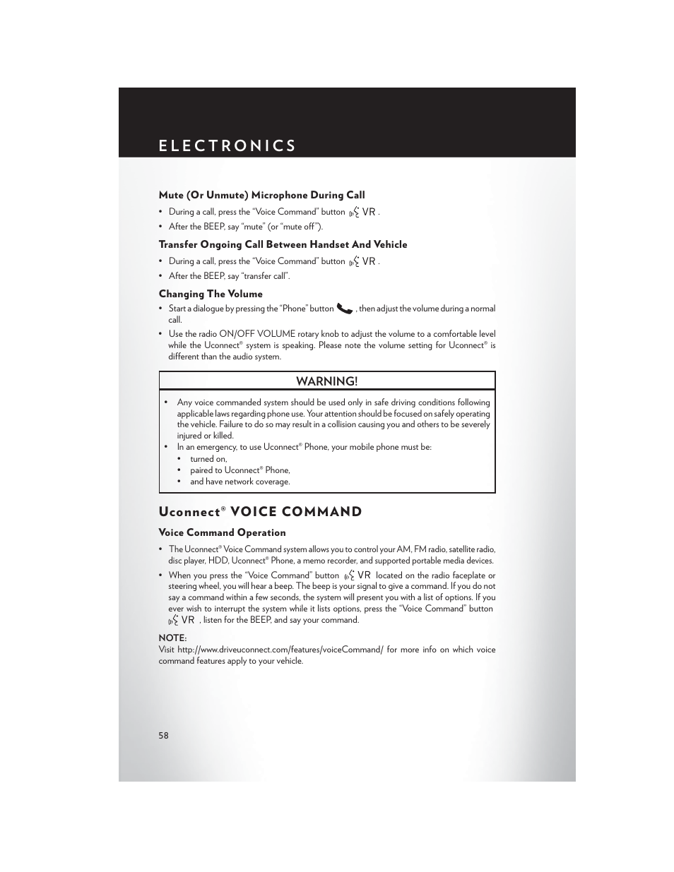 Mute (or unmute) microphone during call, Transfer ongoing call between handset and vehicle, Changing the volume | Uconnect® voice command, Voice command operation | Chrysler 2013 200 - User Guide User Manual | Page 60 / 108