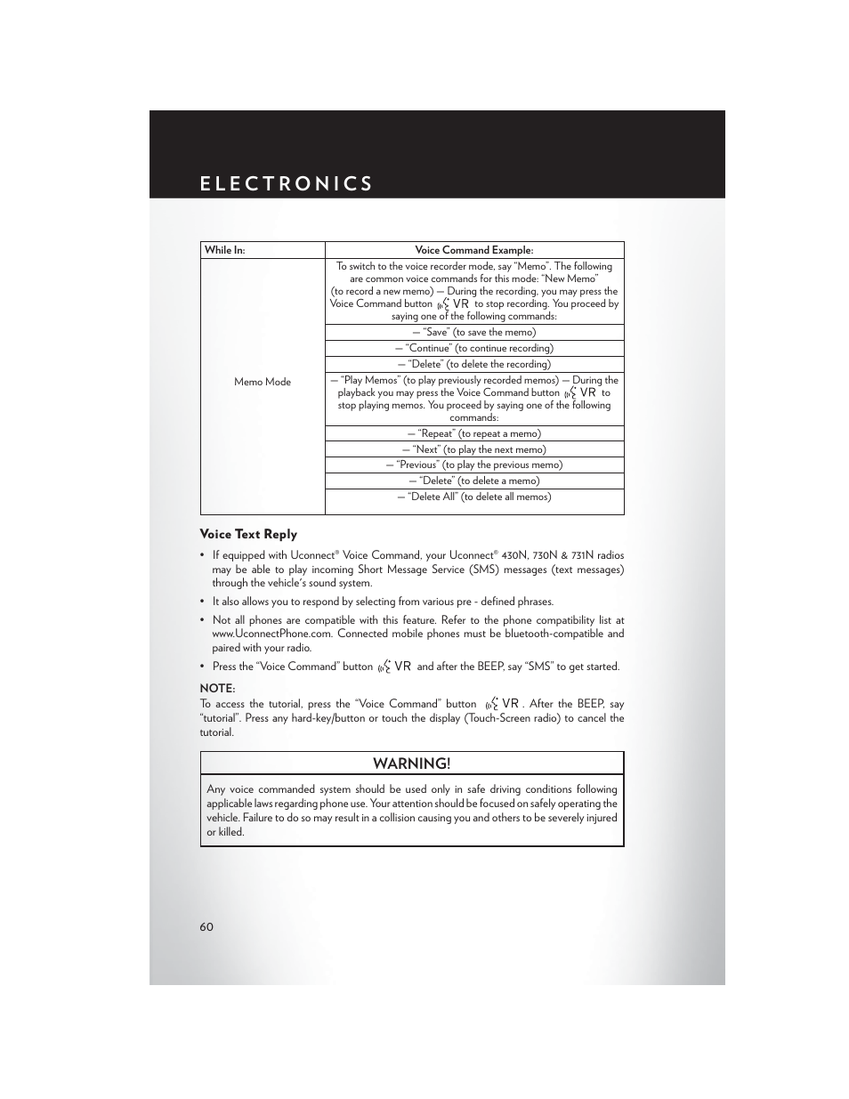 Voice text reply, Warning | Chrysler 2013 200 - User Guide User Manual | Page 62 / 108