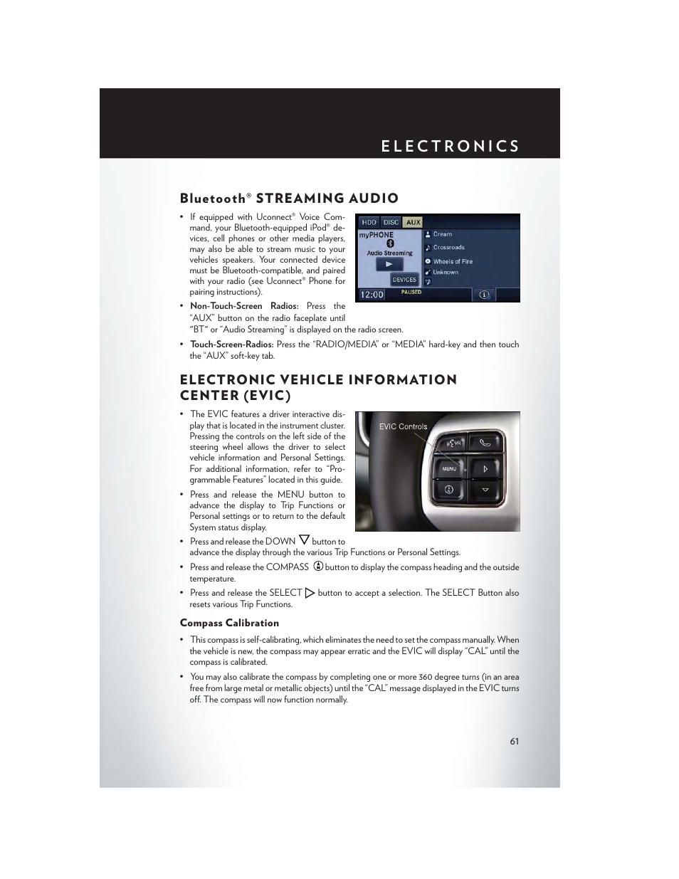 Bluetooth® streaming audio, Electronic vehicle information center (evic), Compass calibration | Electronic vehicle information center (evic ) | Chrysler 2013 200 - User Guide User Manual | Page 63 / 108
