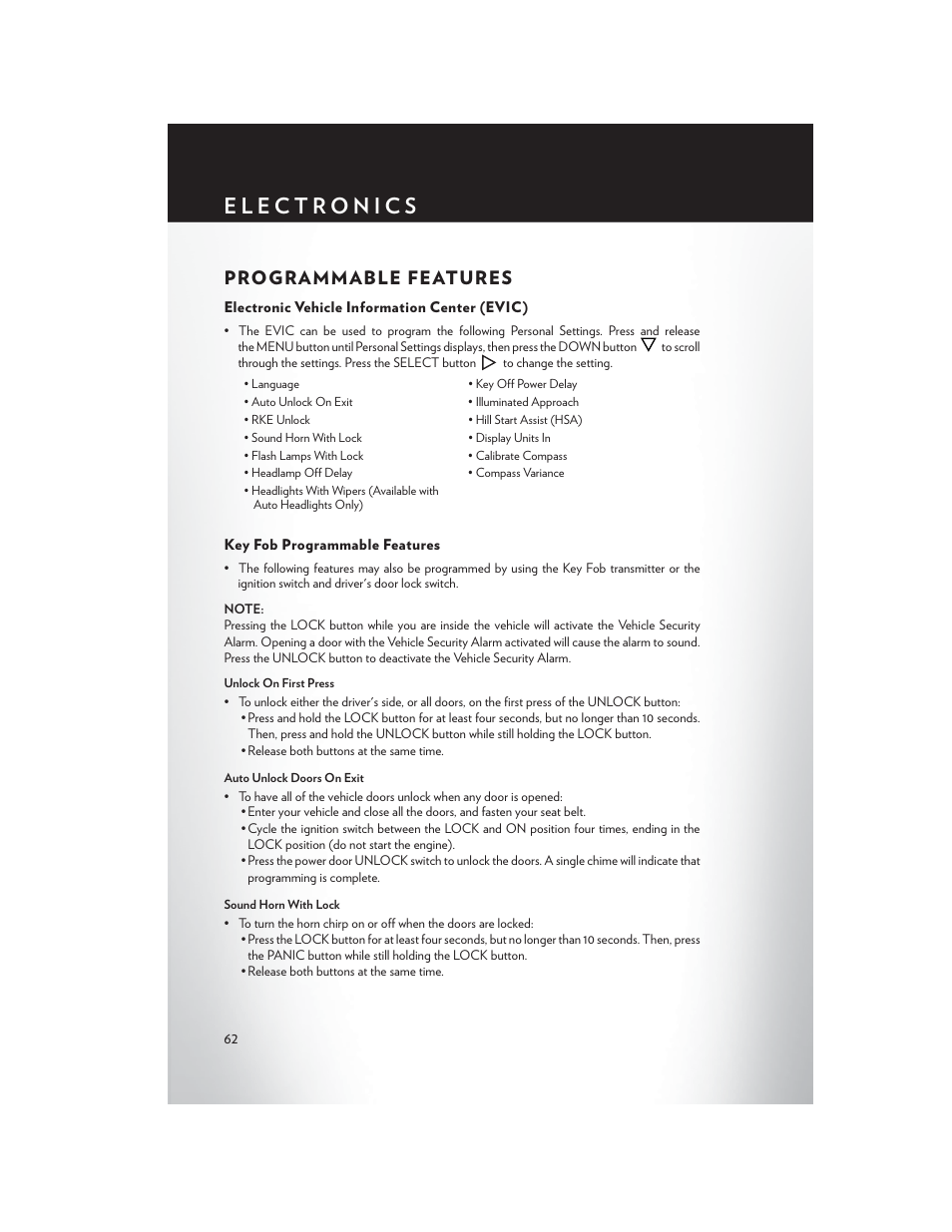 Programmable features, Electronic vehicle information center (evic), Key fob programmable features | Chrysler 2013 200 - User Guide User Manual | Page 64 / 108