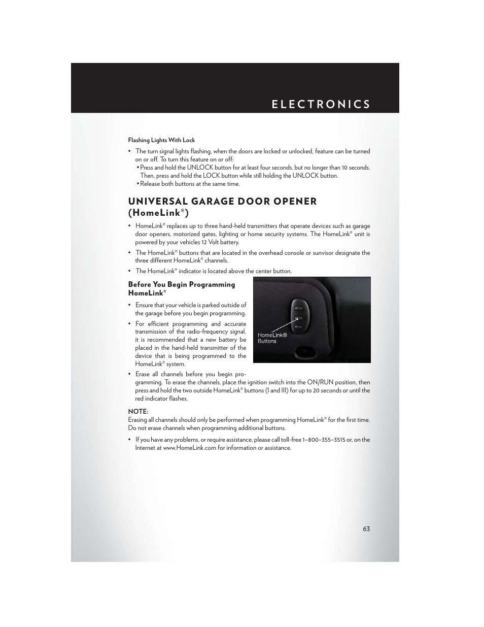 Universal garage door opener (homelink®), Before you begin programming homelink | Chrysler 2013 200 - User Guide User Manual | Page 65 / 108