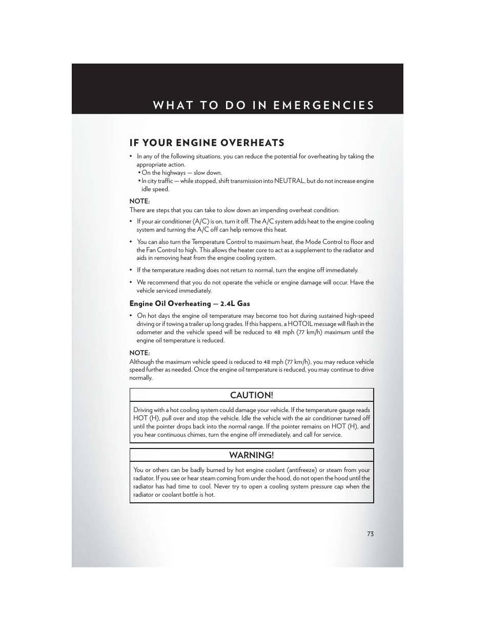 If your engine overheats, Engine oil overheating — 2.4l gas | Chrysler 2013 200 - User Guide User Manual | Page 75 / 108