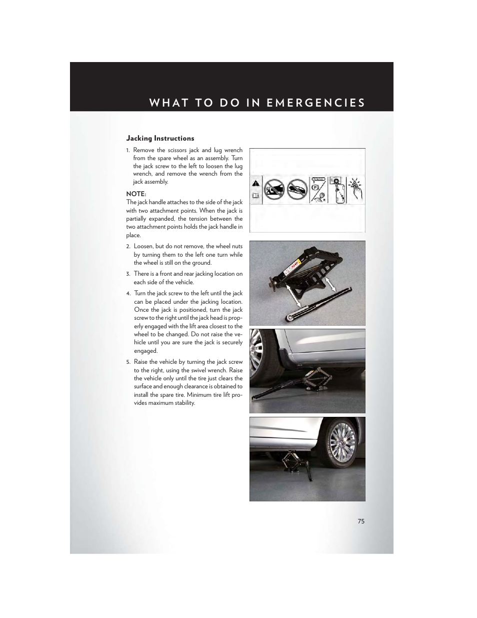 Jacking instructions | Chrysler 2013 200 - User Guide User Manual | Page 77 / 108