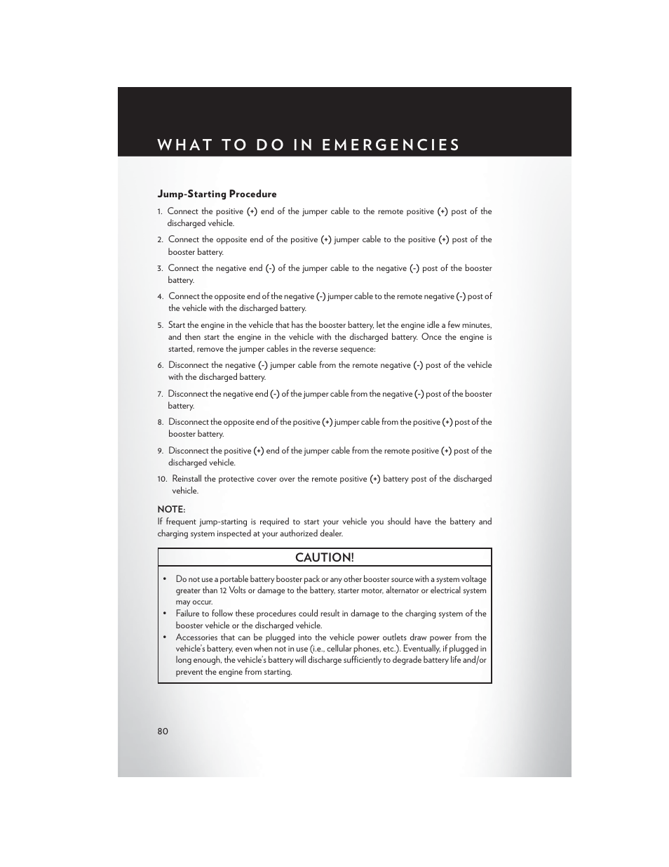 Jump-starting procedure, Caution | Chrysler 2013 200 - User Guide User Manual | Page 82 / 108