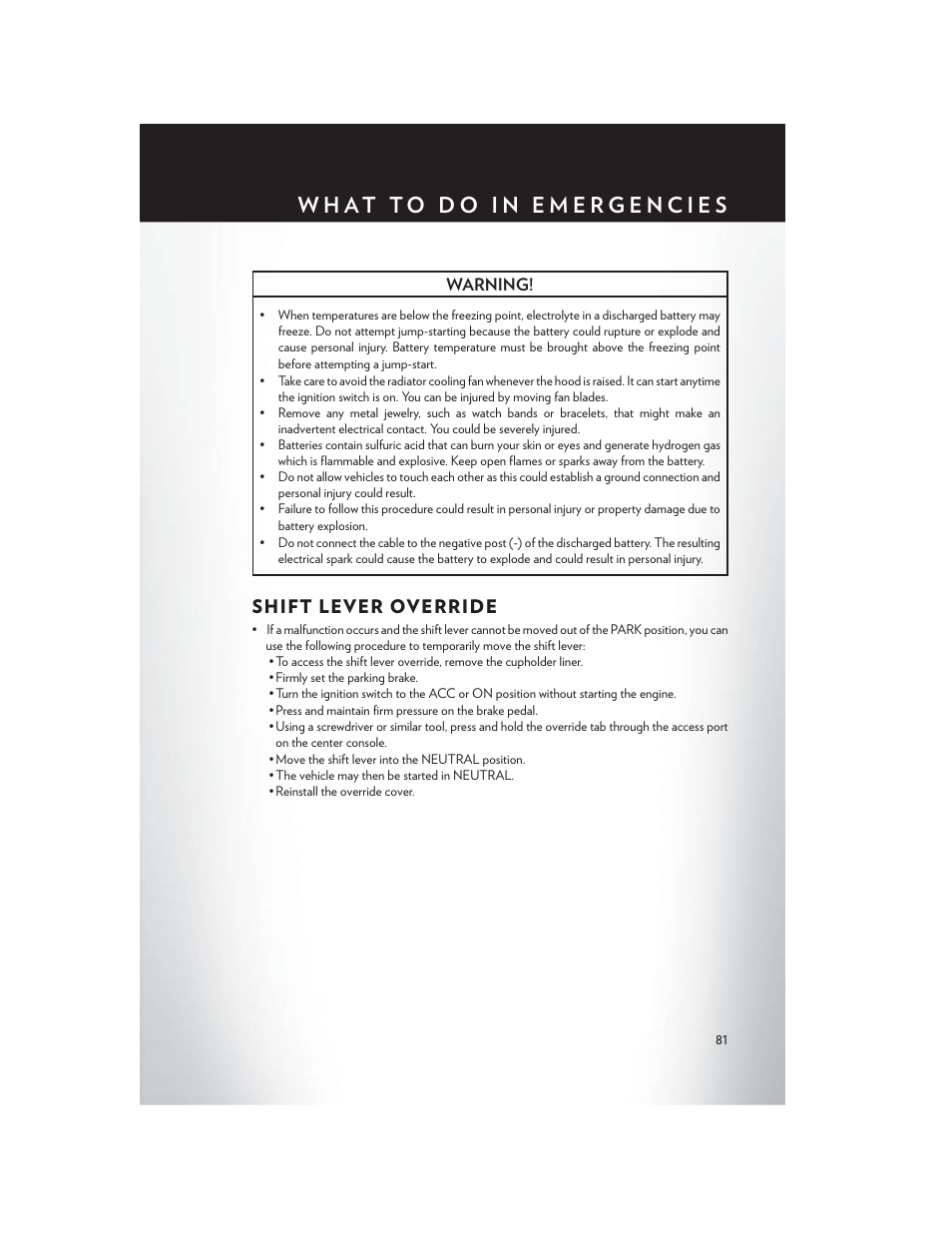 Shift lever override | Chrysler 2013 200 - User Guide User Manual | Page 83 / 108