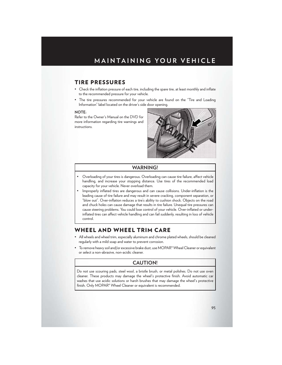Tire pressures, Wheel and wheel trim care, Tire pressures wheel and wheel trim care | Chrysler 2013 200 - User Guide User Manual | Page 97 / 108