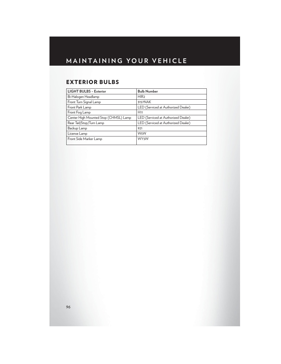 Exterior bulbs | Chrysler 2013 200 - User Guide User Manual | Page 98 / 108