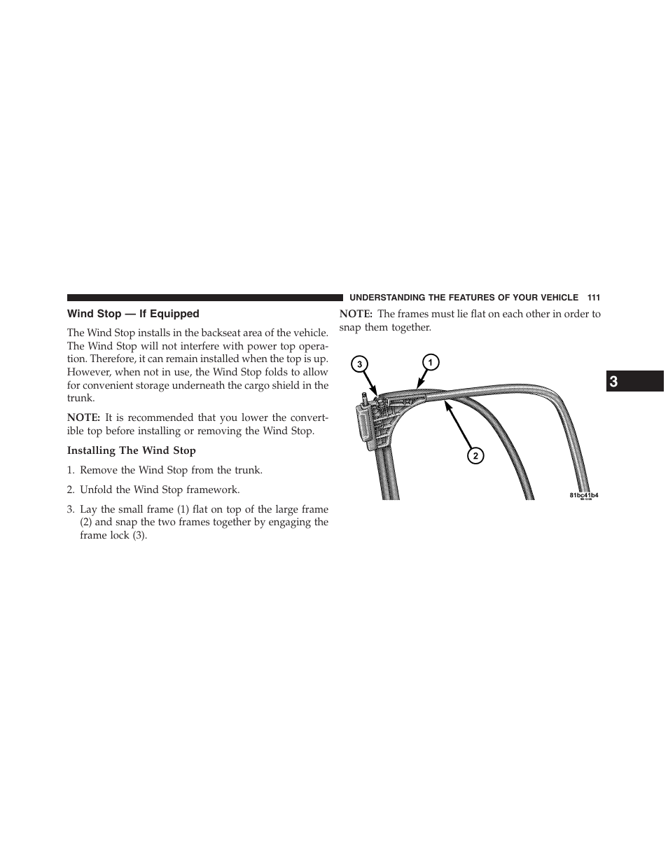 Wind stop — if equipped, Installing the wind stop | Chrysler 2013 200 Convertible - Owner Manual User Manual | Page 113 / 519