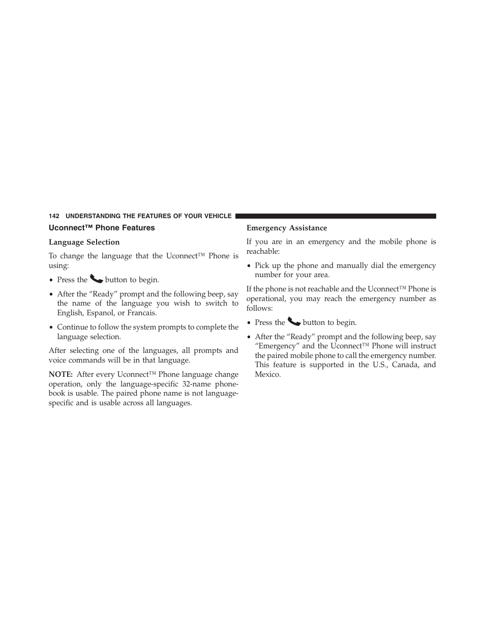 Uconnect™ phone features, Language selection, Emergency assistance | Chrysler 2013 200 Convertible - Owner Manual User Manual | Page 144 / 519