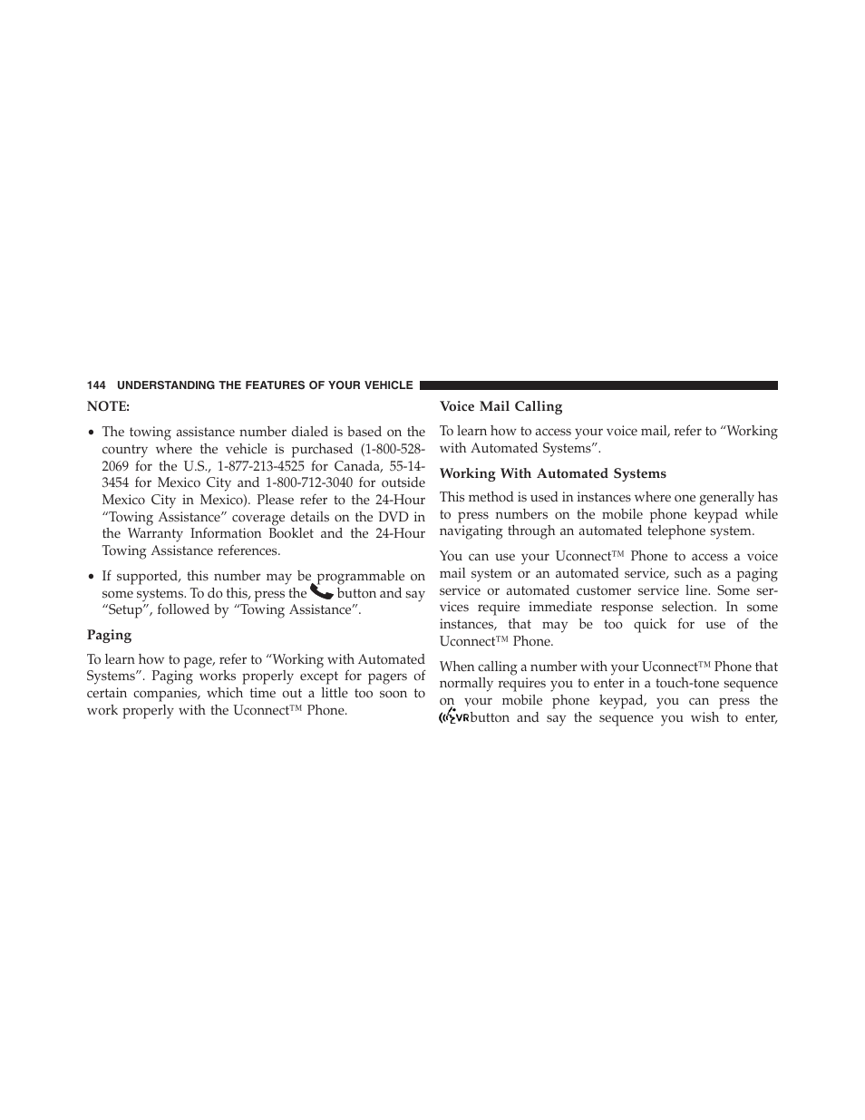 Paging, Voice mail calling, Working with automated systems | Chrysler 2013 200 Convertible - Owner Manual User Manual | Page 146 / 519