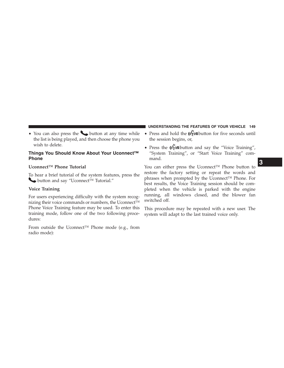 Things you should know about your uconnect™ phone, Uconnect™ phone tutorial, Voice training | Things you should know about your, Uconnect™ phone | Chrysler 2013 200 Convertible - Owner Manual User Manual | Page 151 / 519