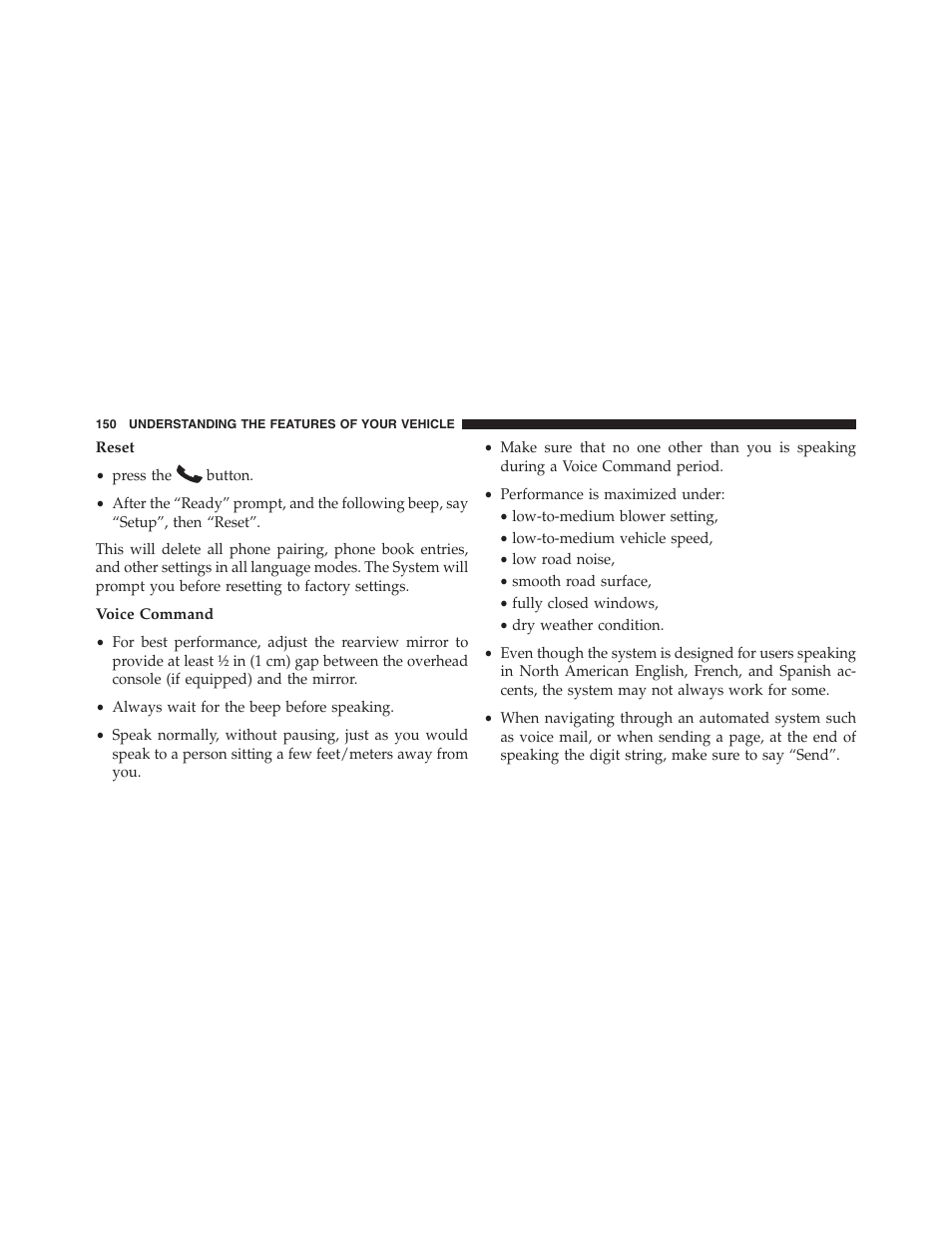 Reset, Voice command | Chrysler 2013 200 Convertible - Owner Manual User Manual | Page 152 / 519