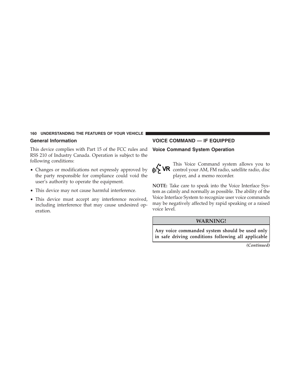 General information, Voice command — if equipped, Voice command system operation | Chrysler 2013 200 Convertible - Owner Manual User Manual | Page 162 / 519