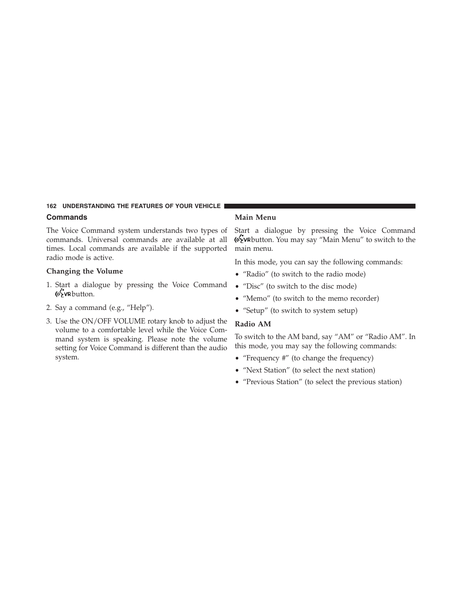 Commands, Changing the volume, Main menu | Radio am | Chrysler 2013 200 Convertible - Owner Manual User Manual | Page 164 / 519
