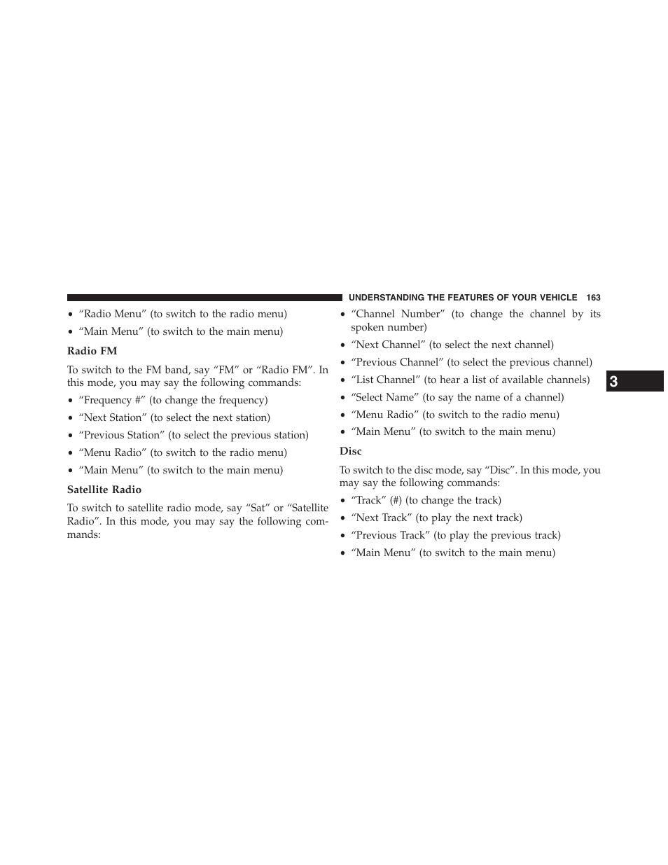 Radio fm, Satellite radio, Disc | Chrysler 2013 200 Convertible - Owner Manual User Manual | Page 165 / 519