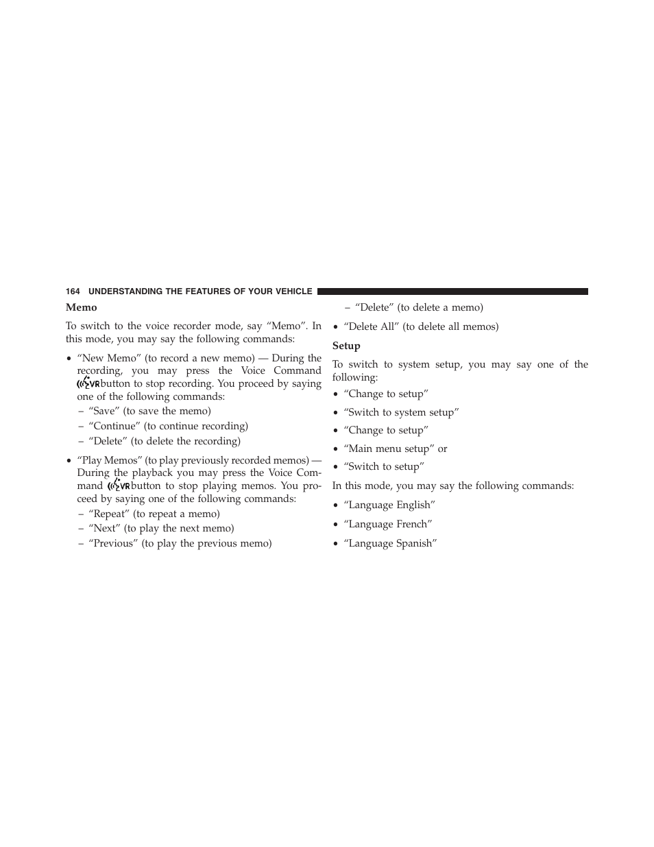 Memo, Setup | Chrysler 2013 200 Convertible - Owner Manual User Manual | Page 166 / 519