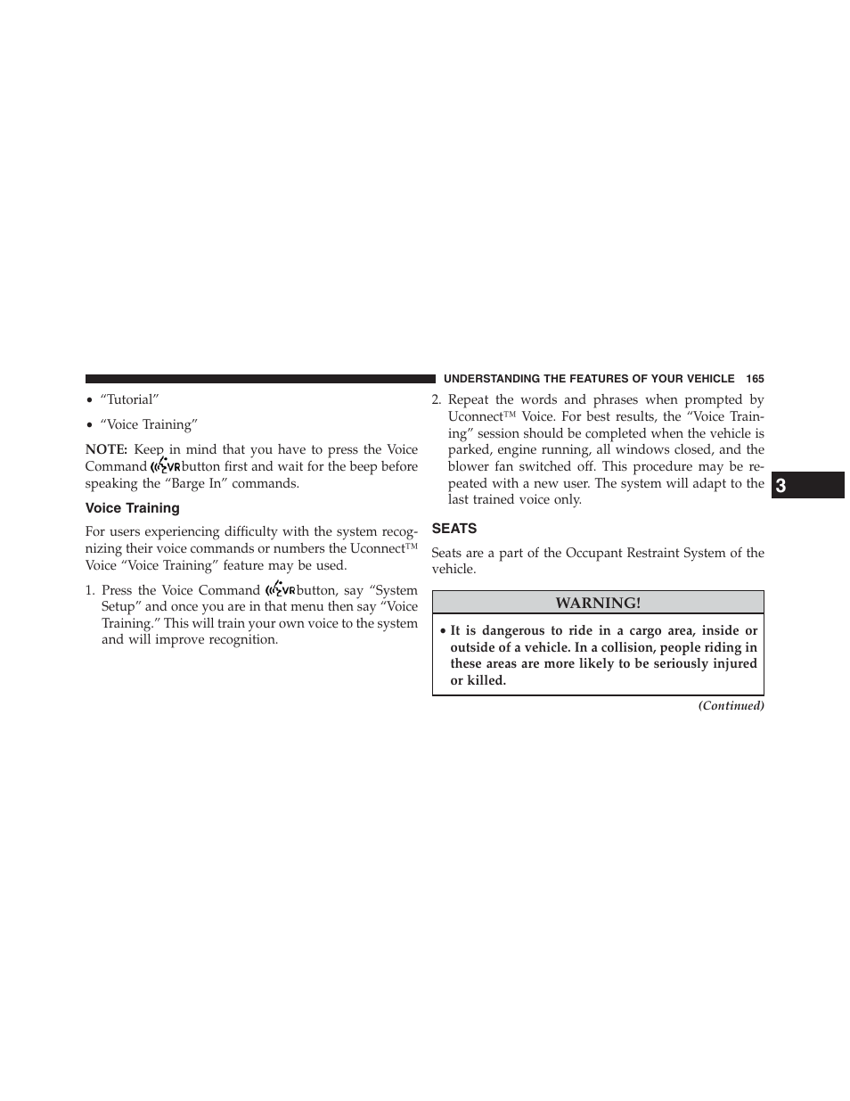 Voice training, Seats | Chrysler 2013 200 Convertible - Owner Manual User Manual | Page 167 / 519