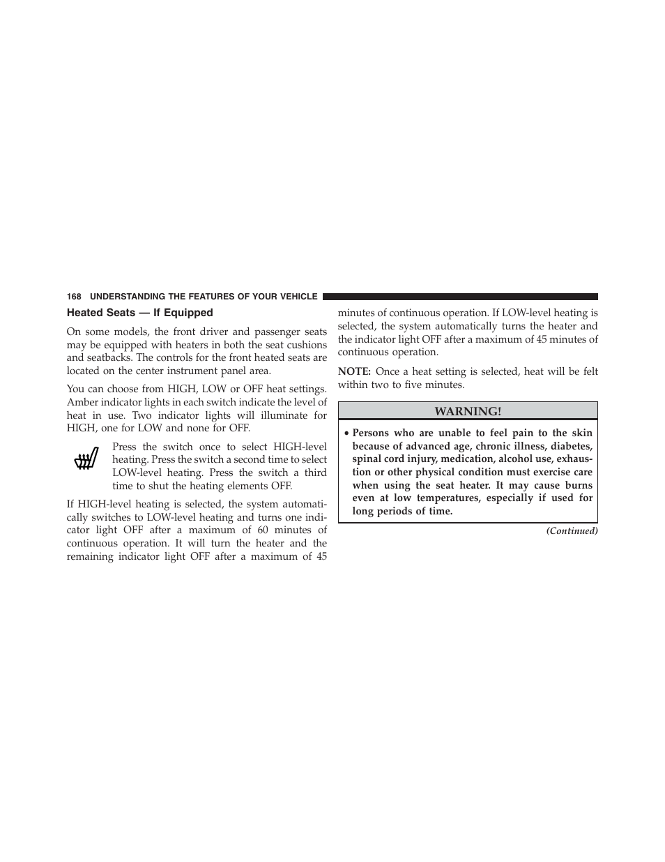 Heated seats — if equipped | Chrysler 2013 200 Convertible - Owner Manual User Manual | Page 170 / 519